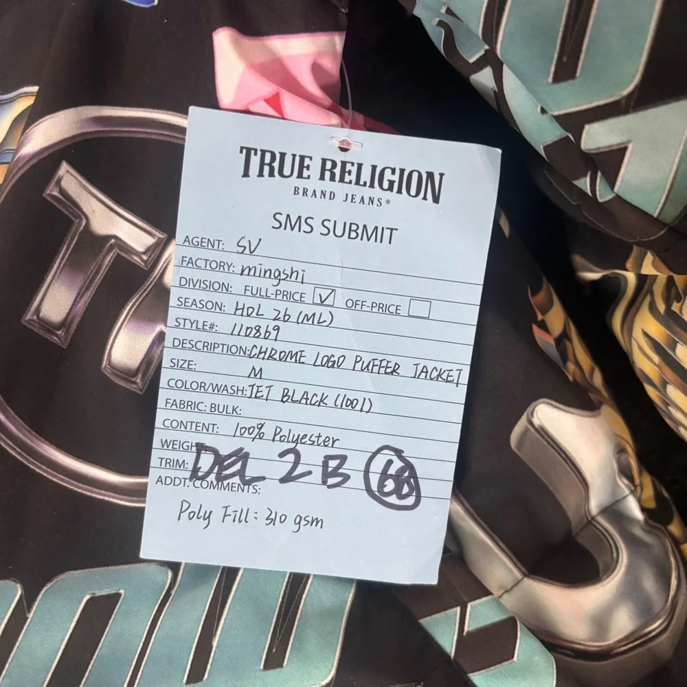 True Religion Chrome Logo Puffer Jacket Jet Black 2026 SMS Sample Unreleased M